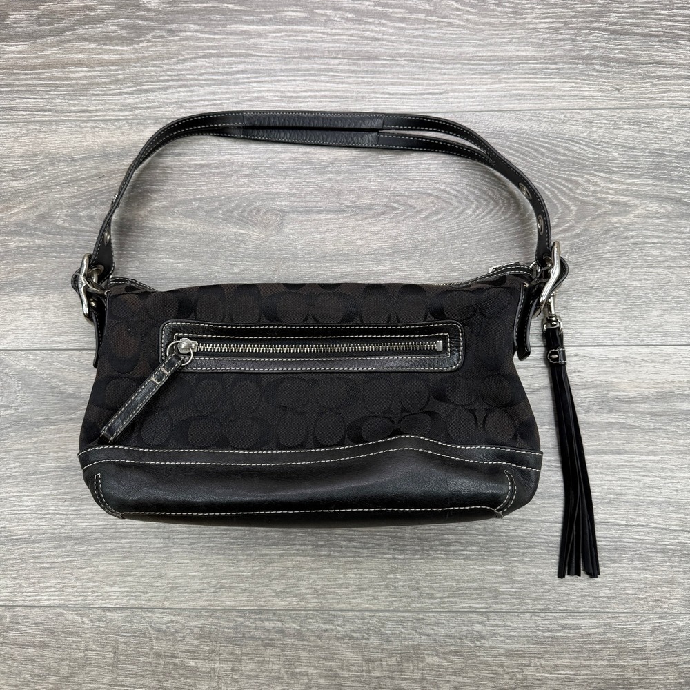 COACH 9363 Signature East West Shoulder Bag Black Canvas Leather Y2K Hobo Purse